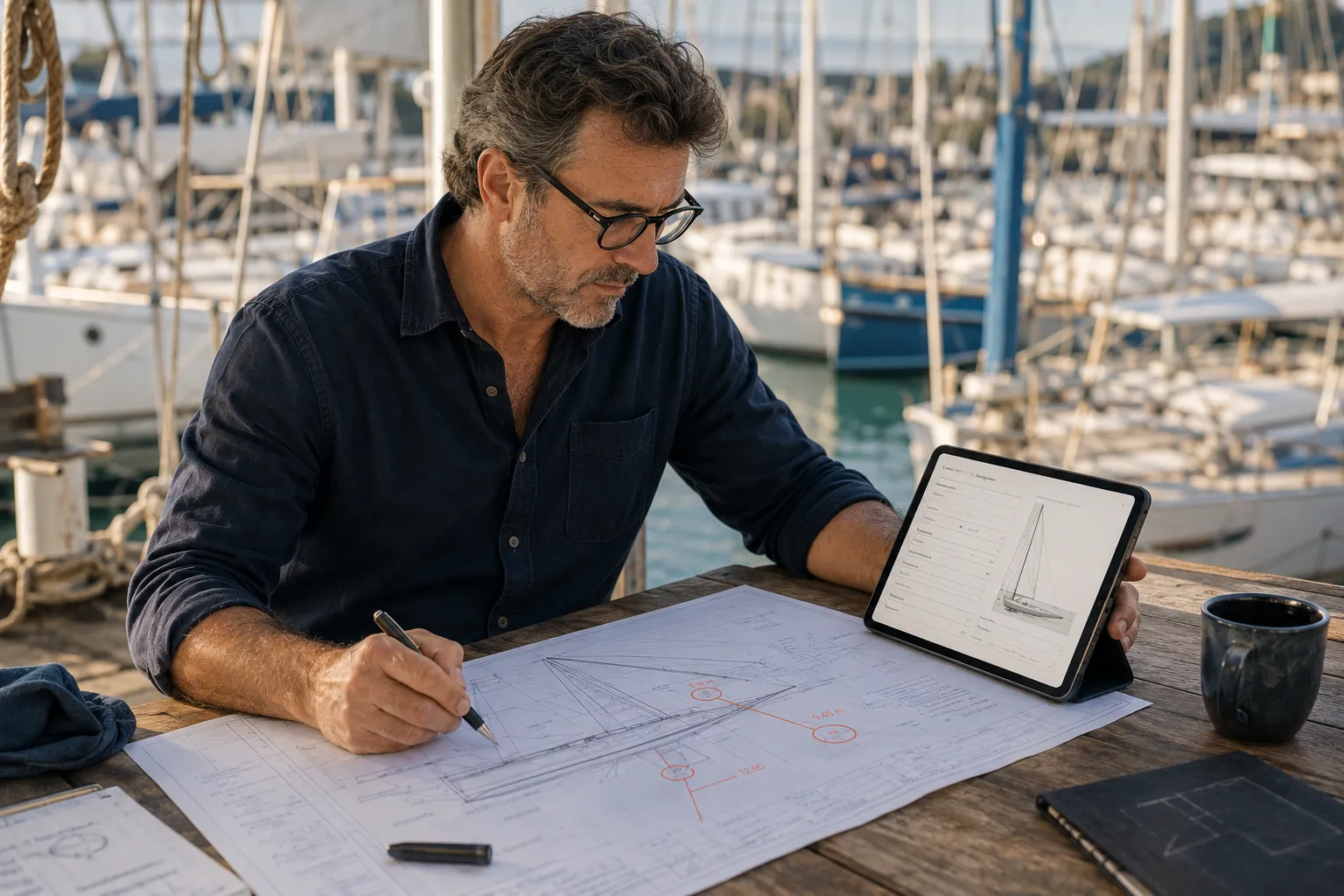 Marine professional reviewing technical plans at a marina